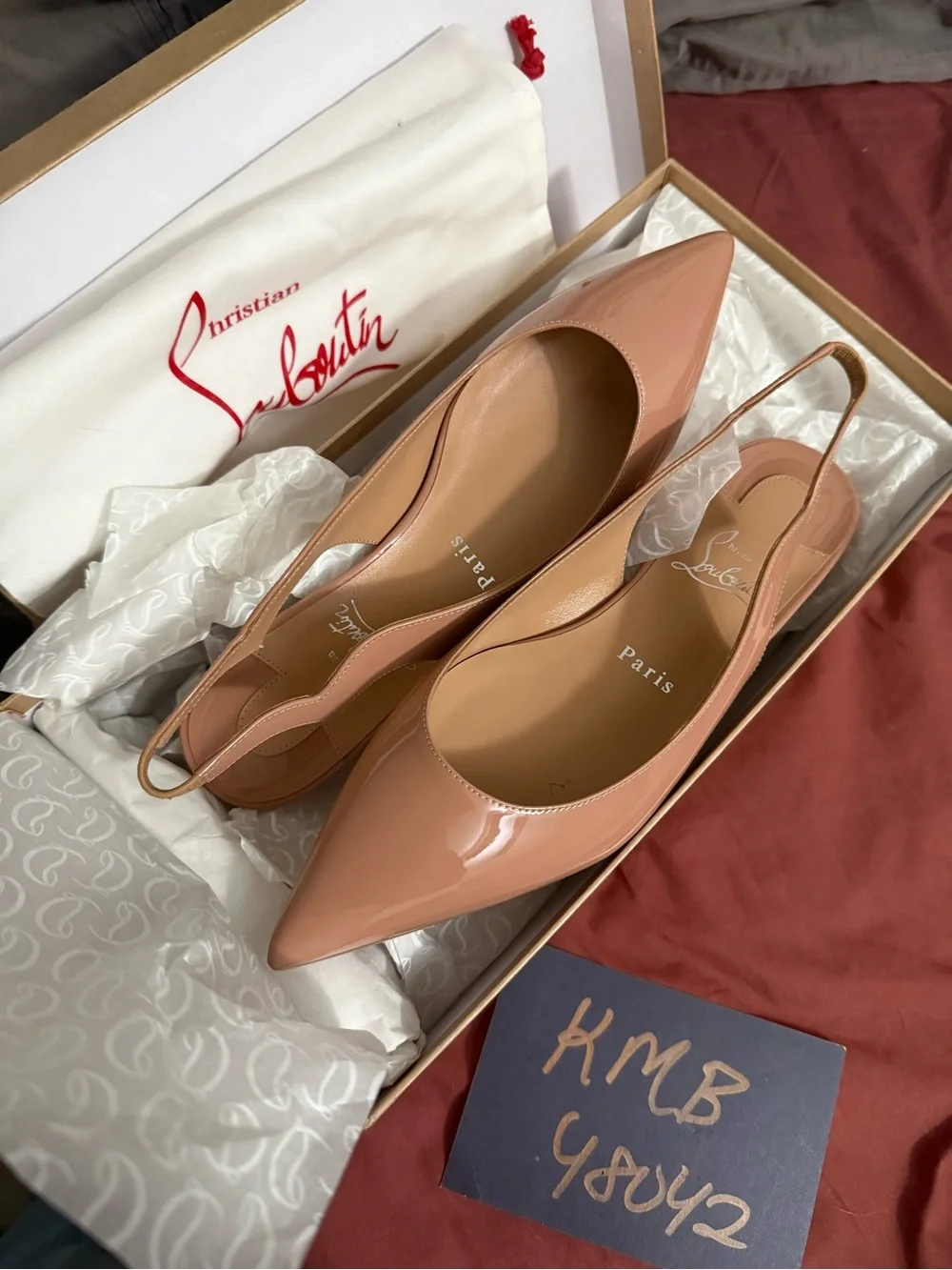 NEW Christian Louboutin Nude Patent Slingback Pumps - Picture 1 of 8